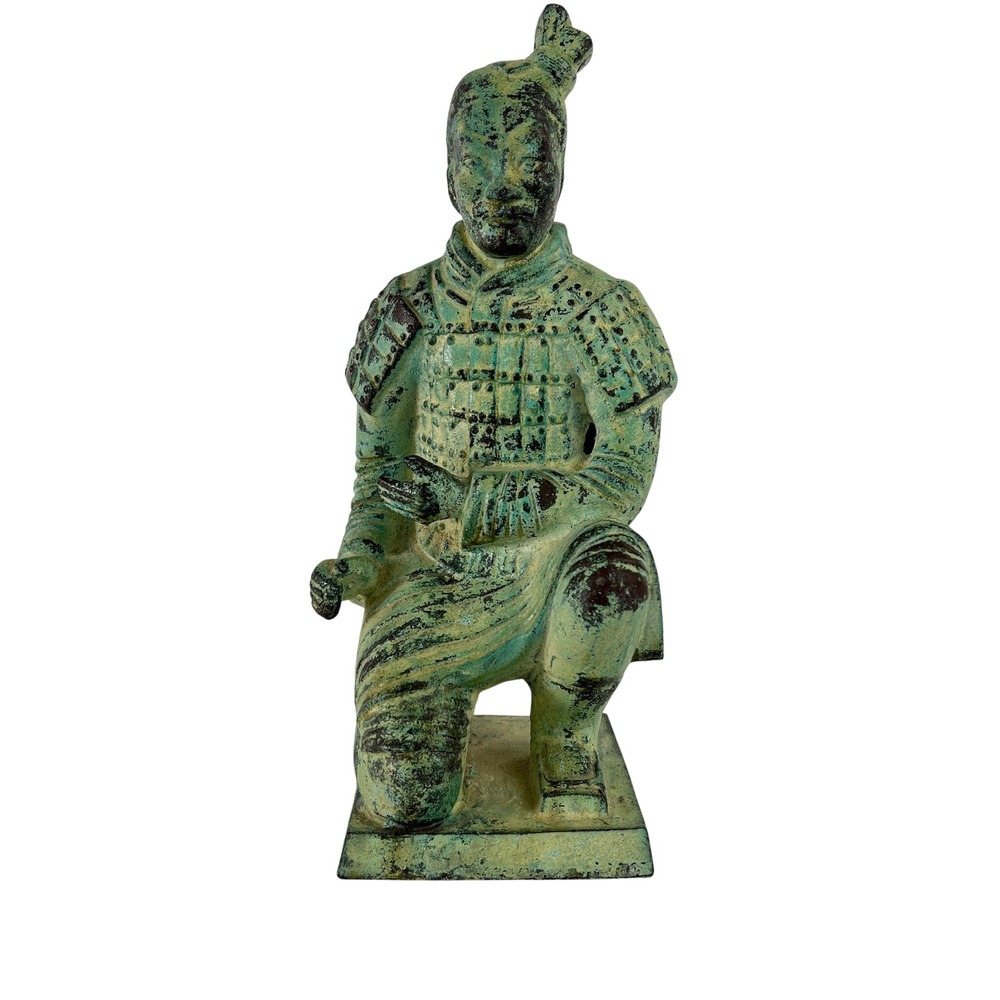 Vintage Kneeling cast iron Warrior Archer Statue Verdigris Green Patina 9.5" - Picture 2 of 6